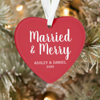 Married and Merry Holiday Red Heart Ornament