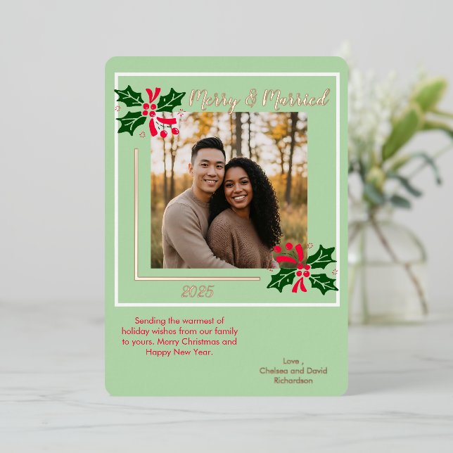 Married and Merry Holly Foil Holiday Card (Standing Front)