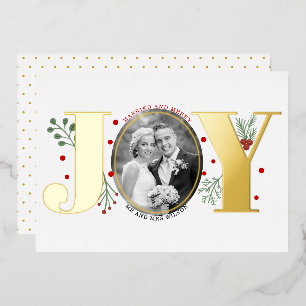 Married and Merry JOY Christmas photo gold Foil Holiday Card