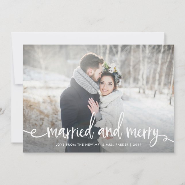 Married and Merry | Modern Rustic Christmas Photo Holiday Card (Front)