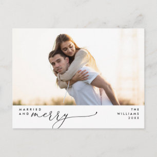 Married and Merry Modern Script Photo Holiday Postcard