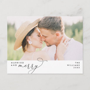 Married and Merry Modern Script Photo Holiday Postcard