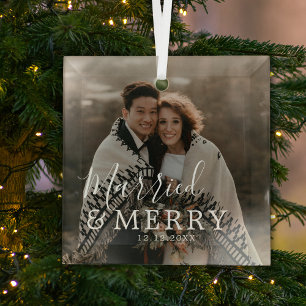 Married and Merry Modern Simple Photo Glass Ornament