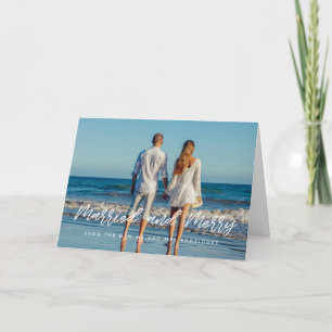 Married and Merry modern white font newlyweds Holiday Card