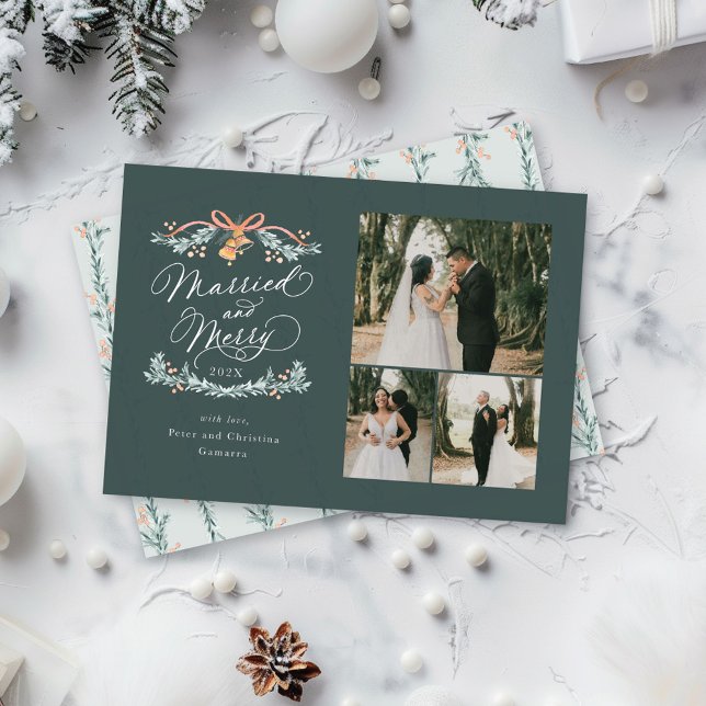 Married and Merry Multiphoto First Christmas Card (Married and Merry newlywed first Christmas card)