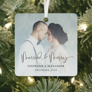 Married and Merry Names Photo Overlay  Metal Ornament