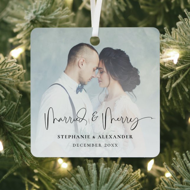 Married and Merry Names Photo Overlay  Metal Ornament (Insitu)