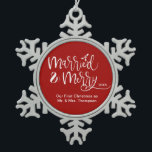 Married and Merry Newly wed 1st Christmas Mr.& Mrs Snowflake Pewter Christmas Ornament<br><div class="desc">The ornaments that tend to always make it up on our tree are the ones that are personalized. Change up the red background colour if you'd like. Customize and personalize this snow flake-shaped ornament with your names and year to remember your first Christmas as Mr. and Mrs. for years to...</div>