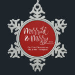 Married and Merry Newly wed 1st Christmas Mr.& Mrs Snowflake Pewter Christmas Ornament<br><div class="desc">The ornaments that tend to always make it up on our tree are the ones that are personalized. Change up the red background colour if you'd like. Customize and personalize this snow flake-shaped ornament with your names and year to remember your first Christmas as Mr. and Mrs. for years to...</div>