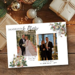 Married and Merry Nostalgic Holly Photo Christmas Holiday Card<br><div class="desc">Married and Merry custom Christmas card for newlyweds with 2 photos and your personalized greeting. Your wedding photos and/or christmas photo will be displayed in vertical portrait format. The design feature elegant typography and traditional nostalgic branches of holly, baubles, bottle of fizz and champagne glasses. Please browse my First Christmas...</div>