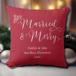 Married and Merry Our First Christmas Newlywed Red Throw Pillow<br><div class="desc">Looking for a way to make your loved ones' first Christmas as a married couple extra special? Our "Our First Christmas Married and Merry" throw pillow in Christmas red is the perfect gift idea! With its clean and modern font and classic holiday colours, this pillow will add a festive touch...</div>