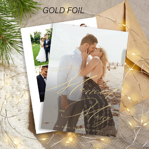 Married and Merry photo collage newlywed Christmas Foil Holiday Card
