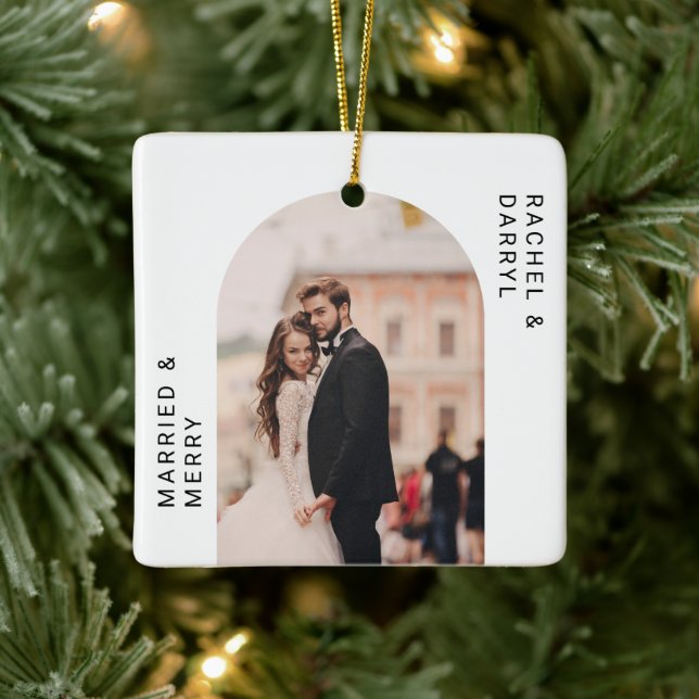 Married and Merry Photo Minimal Script Elegant Ceramic Ornament (Tree)