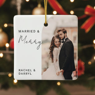 Married and Merry Photo Minimal Script Elegant Ceramic Ornament
