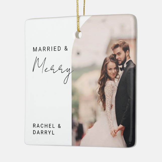 Married and Merry Photo Minimal Script Elegant Ceramic Ornament (Left)