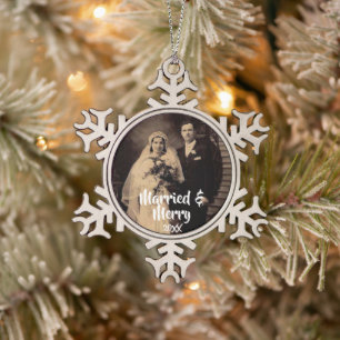 Married and Merry Photo Snowflake Pewter Christmas Ornament