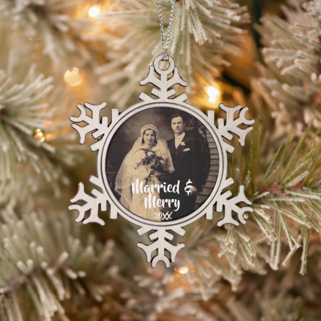 Married and Merry Photo Snowflake Pewter Christmas Ornament (Tree)