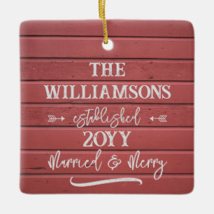 Married and Merry Red Barn First Christmas Photo Ceramic Ornament