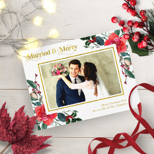 Married And Merry Red Floral Christmas Photo Postcard