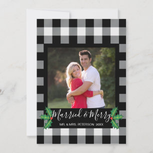 Married and Merry Rustic White Buffalo Check Photo Holiday Card