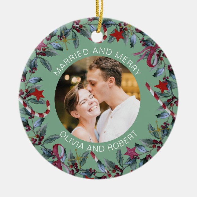 Married and Merry Sage Christmas Wreath Newlyweds Ceramic Ornament (Front)