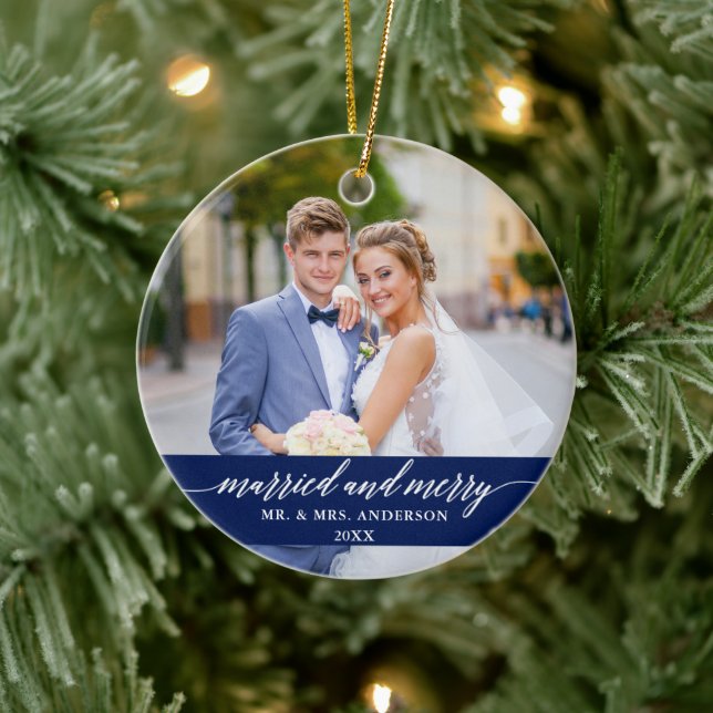 Married and Merry Wedding Calligraphy Blue Ceramic Ornament (Tree)