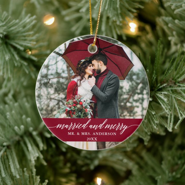 Married and Merry Wedding Calligraphy Burgundy Ceramic Ornament (Tree)