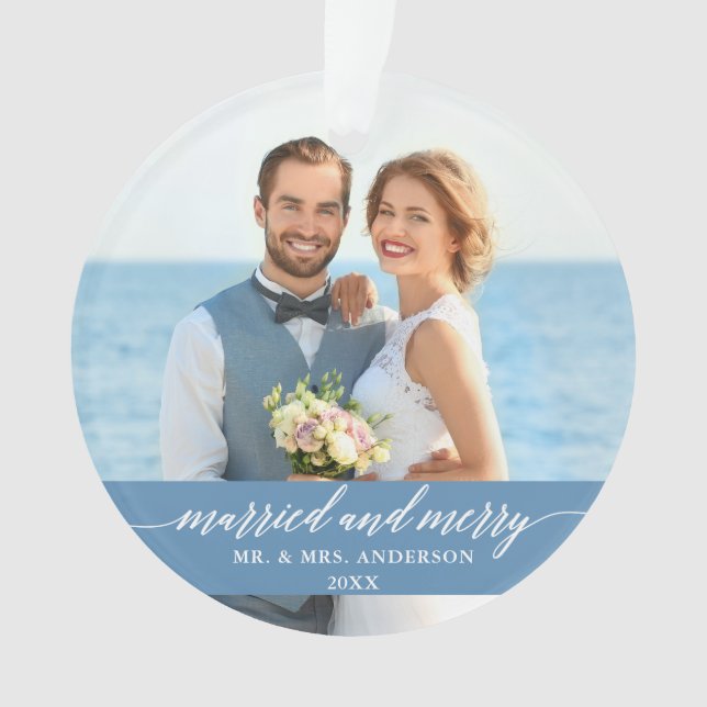 Married and Merry Wedding Calligraphy Light Blue Ornament (Front)