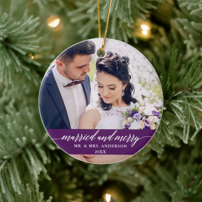 Married and Merry Wedding Calligraphy Purple Ceramic Ornament (Tree)