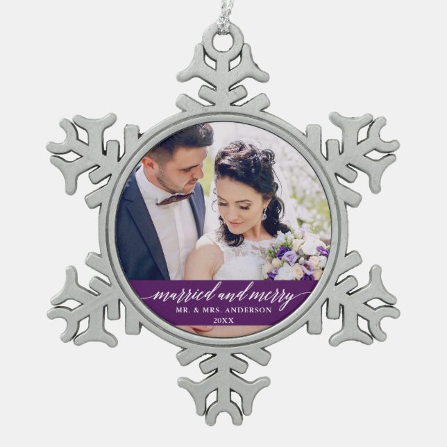 Married and Merry Wedding Calligraphy Purple Snowflake Pewter Christmas Ornament (Front)