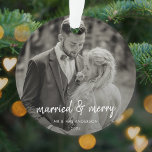 Married and Merry | Wedding Day Photo Christmas Ornament<br><div class="desc">Beautiful wedding day photograph christmas ornament with a simple, modern, minimalist "married and merry" quote in handwritten script typography. This versatile design can be personalized with your own photograph, name and date to make a truly unique and bespoke design in honour of your special day. The card shows an example...</div>