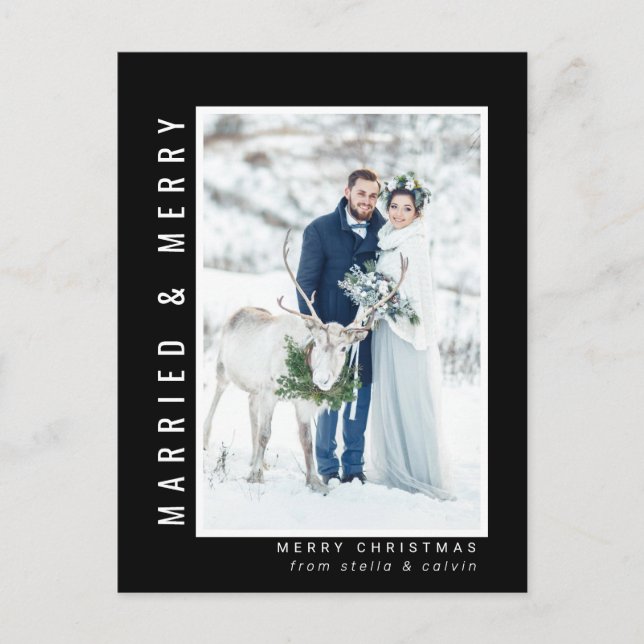 Married and Merry Wedding Photo Black Holiday Postcard (Front)