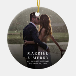 Married and Merry Wedding Photo Christmas Ceramic Ornament