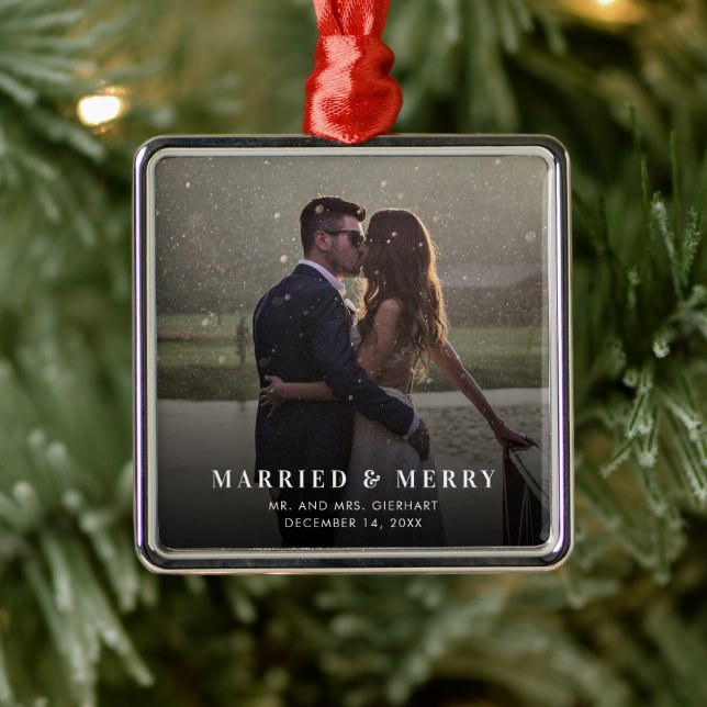  Married and Merry Wedding Photo Christmas Metal Ornament (Tree)