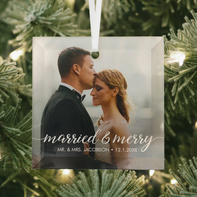 Married and Merry Wedding Photo First Christmas  Glass Ornament (Insitu)