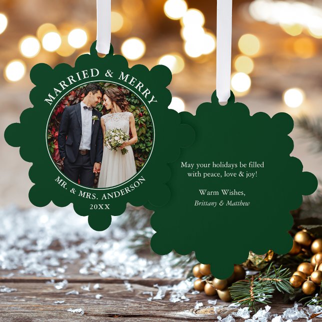 Married and Merry Wedding Photo Green Ornament Card (A greeting card that is also an ornament! Customize with your photo and personalized text.)