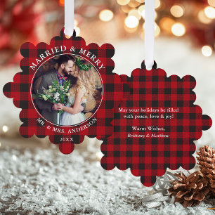Married and Merry Wedding Photo Red Plaid Ornament Card