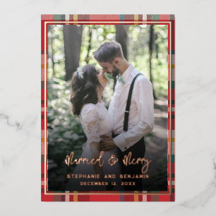 Married and Merry Wedding Photos Rose Gold Foil Holiday Card