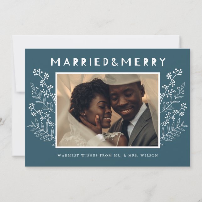 Married and Merry Whimsical Scandinavian Greenery Holiday Card (Front)