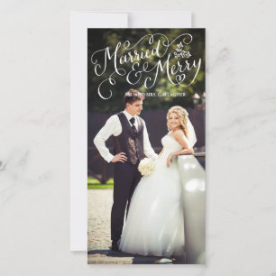 Married and Merry White Hand Lettered Holiday Card