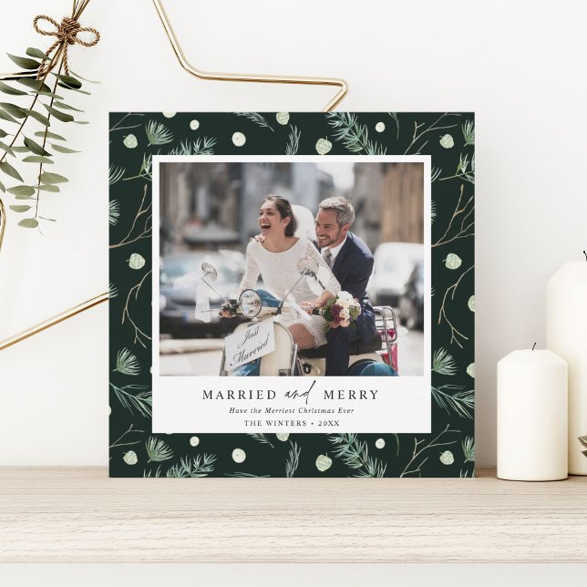Married and Merry Winter Greenery Photo Square Holiday Card (Creator Uploaded)