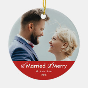 Married and Merry Witty Holiday Photo Ceramic Ornament