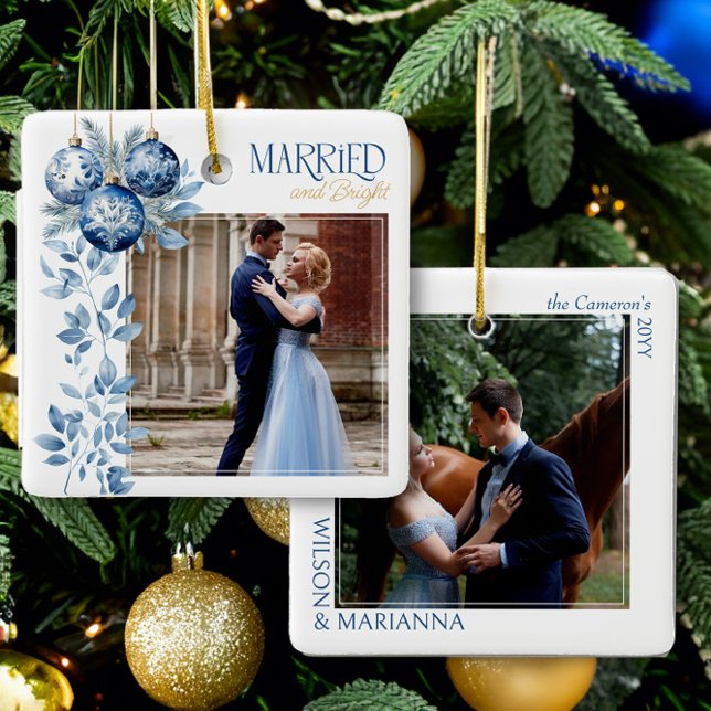 Married & Bright 2 Square Wedding Photo Ceramic Ornament (Married and Bright wedding photo christmas ornament by Darling & May)