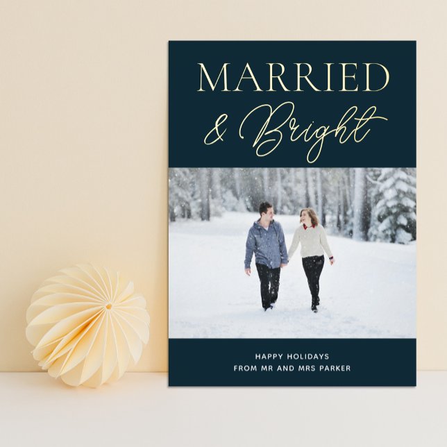 Married Bright Blue Gold Script Photo Christmas Foil Holiday Card (Creator Uploaded)
