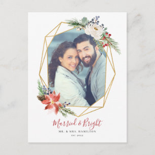 Married & Bright Geometric Floral Photo Christmas Postcard