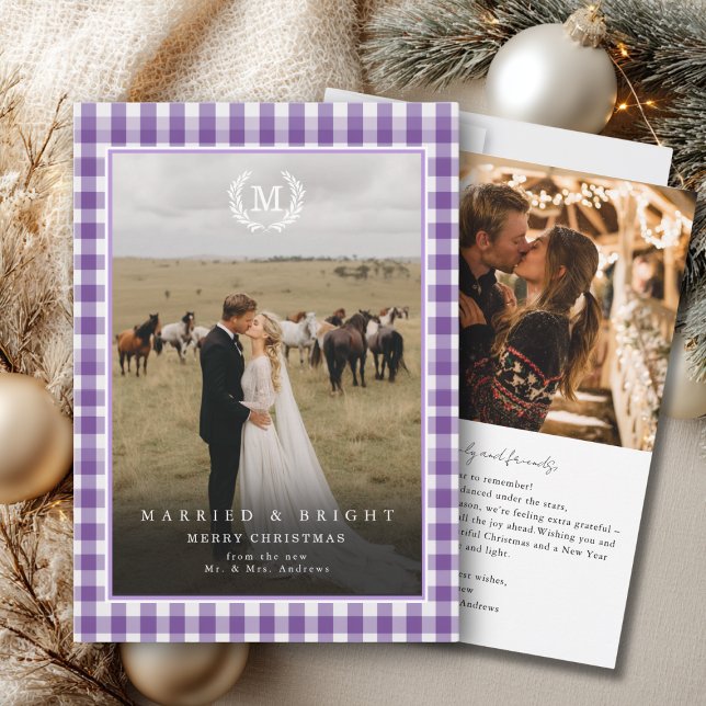 "Married & Bright" Gingham Monogram Crest 2 Photo Thank You Card ("Married & Bright" Gingham Monogram Crest 2 Photo Thank You Card)