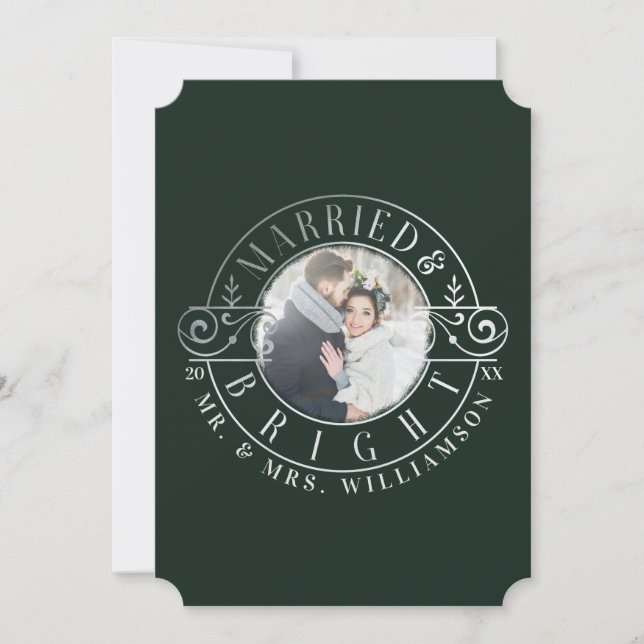 Married & Bright Mr & Mrs Foliage & Crest Photo Holiday Card (Front)