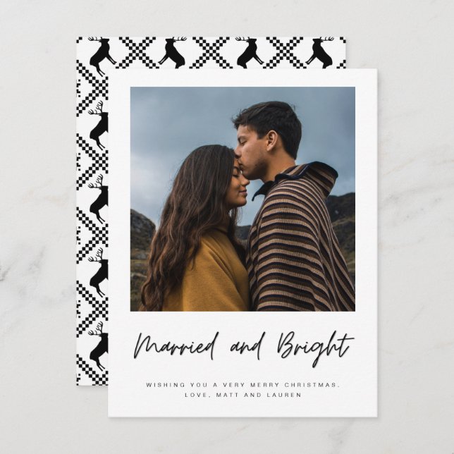 Married Bright Newlywed Couple Plaid Photo Holiday Card (Front/Back)