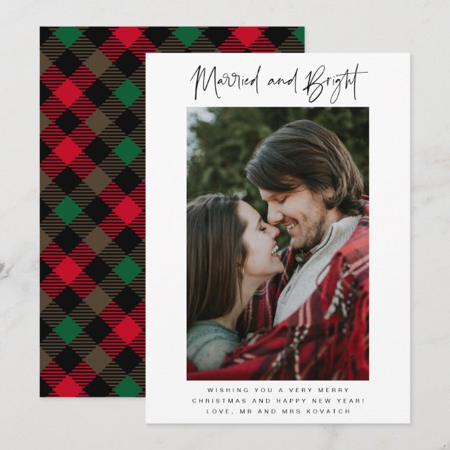 Married Bright Photo Plaid Newlywed Christmas Holiday Card (Front/Back)