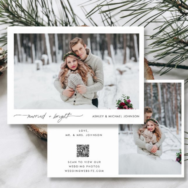 Married Bright Photo QR Code Wedding Announcement (Easily personlize this holiday wedding announcement with your personal message, photos and deets)